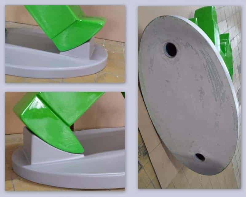 Zielono-szara plastikowa baza o okrągłym kształcie, ukazana w różnych perspektywach.