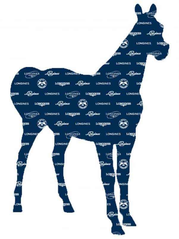 Longines Werbeobjekt 4 Sylwetka konia na granatowym tle z logotypami marki Longines.