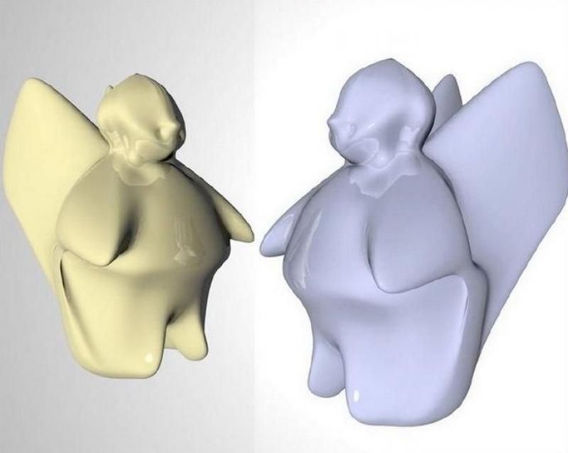 Futuristischer Engel für einen Messestand 1 Dwie abstrakcyjne rzeźby przedstawiające anioły, jedna w kolorze żółtym, druga w kolorze niebieskim.