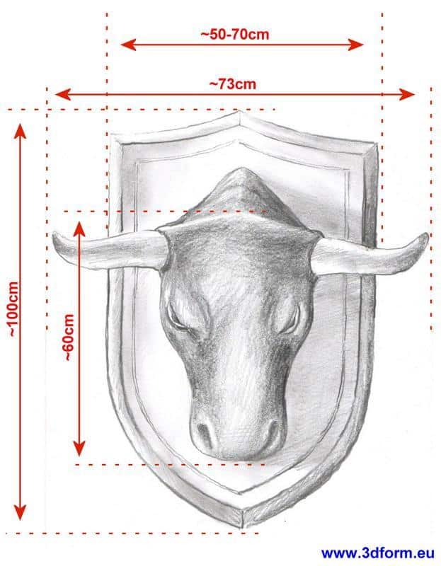 Rysunek głowy byka na tarczy herbowe, z wymiarami: szerokość tarczy ok. 73 cm, wysokość tarczy ok. 100 cm, wysokość głowy byka ok. 60 cm, szerokość rogów ok. 50-70 cm.