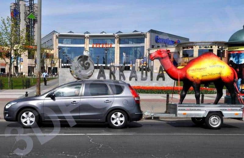 Mobile Kamel-Modell 3 Samochód ciągnący przyczepę z wielbłądem przed centrum handlowym Arkadia w Warszawie.