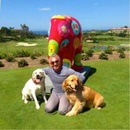 Elefantenparade 4 Mężczyzna klęczący na trawie z dwoma psami, w tle kolorowa rzeźba słonia.