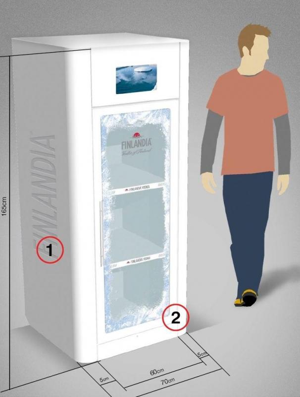 FINLANDIA Kühlvitrine 3 Biała lodówka z logo Finlandia, wymiary 165 cm wysokości i 70 cm szerokości, przedstawiona obok sylwetki człowieka.