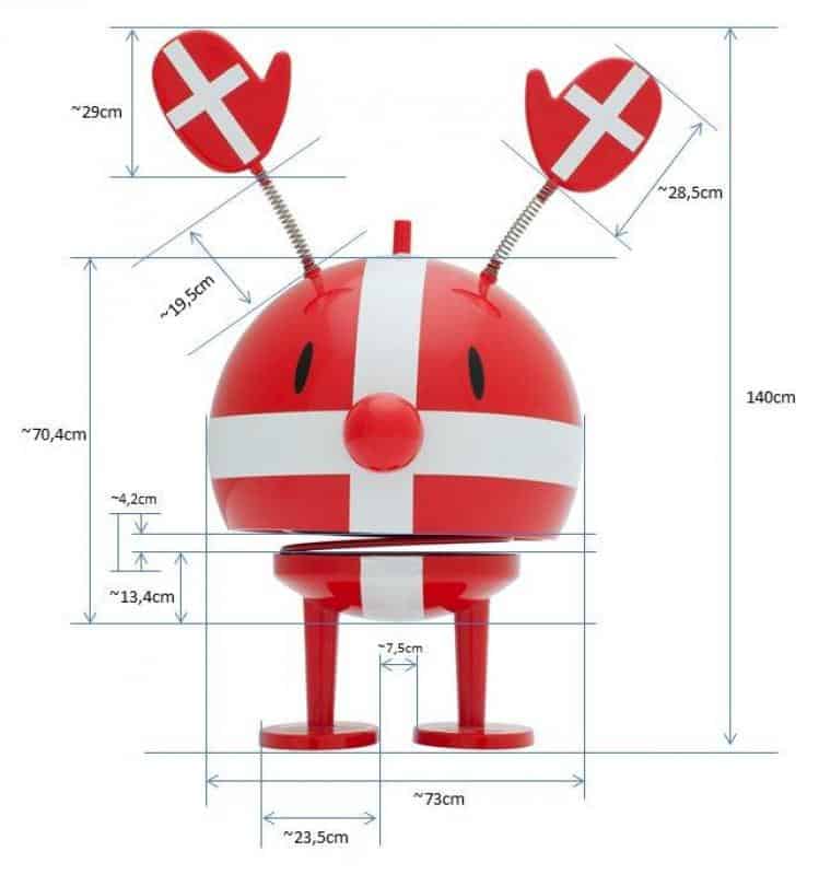 Czerwony model figurki z białymi pasami i wymiarami, inspirowany flagą Danii, z dwiema antenami zakończonymi owalnymi flagami.
