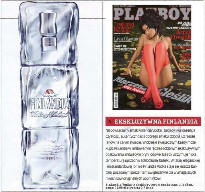Promotionsverpackung Finlandia 3 Butelka wódki Finlandia w opakowaniu przypominającym bryłę lodu oraz magazyn Playboy z kobietą w czerwonych pończochach na okładce.