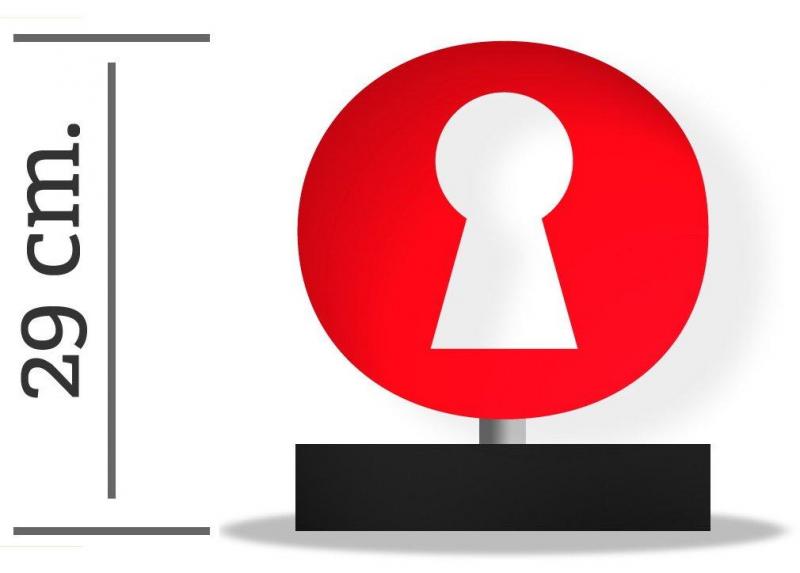 Schlüsselloch / Statuette 3 Czerwona okrągła tablica z białą dziurką od klucza na czarnej podstawie; wysokość 29 cm.