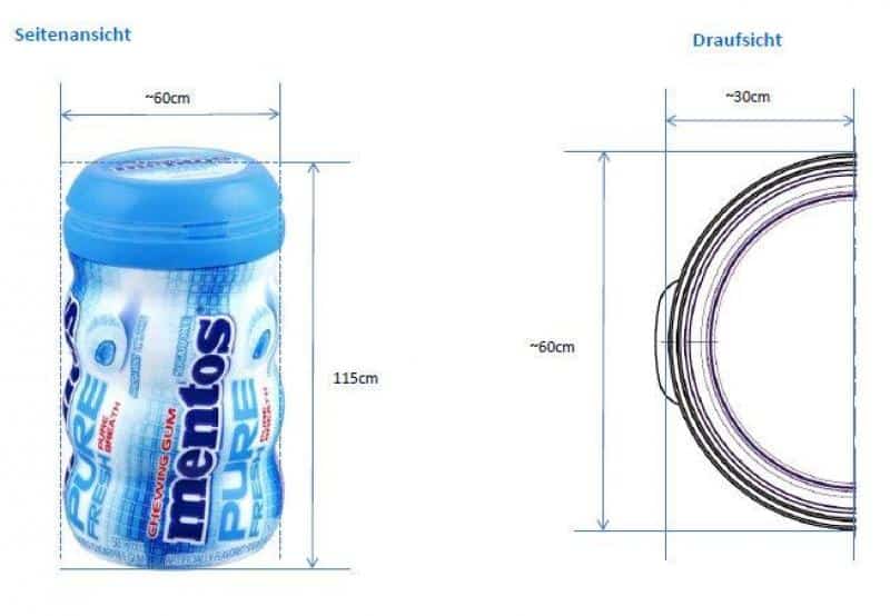 Opakowanie gum do żucia Mentos Pure Fresh z zaznaczonymi wymiarami: wysokość 115 cm, szerokość ok. 60 cm, średnica ok. 30 cm.