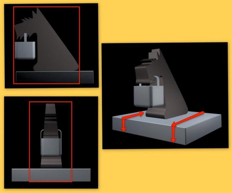 Czarny pionek szachowy w kształcie głowy konia na podstawie, pokazany z przodu, z boku i pod kątem, z czerwonymi ramkami i strzałkami wskazującymi jego wymiary.