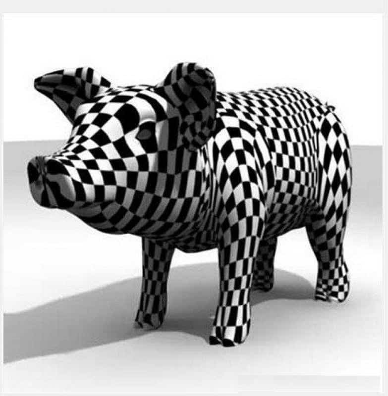 Künstlerisch bemalte Tierfiguren 2 Figurka świni pokryta czarno-białym wzorem w kratkę.