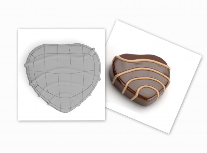 Pralinen 3 Serce z czekolady z wzorem z jasnych linii obok siatki modelu 3D serca.