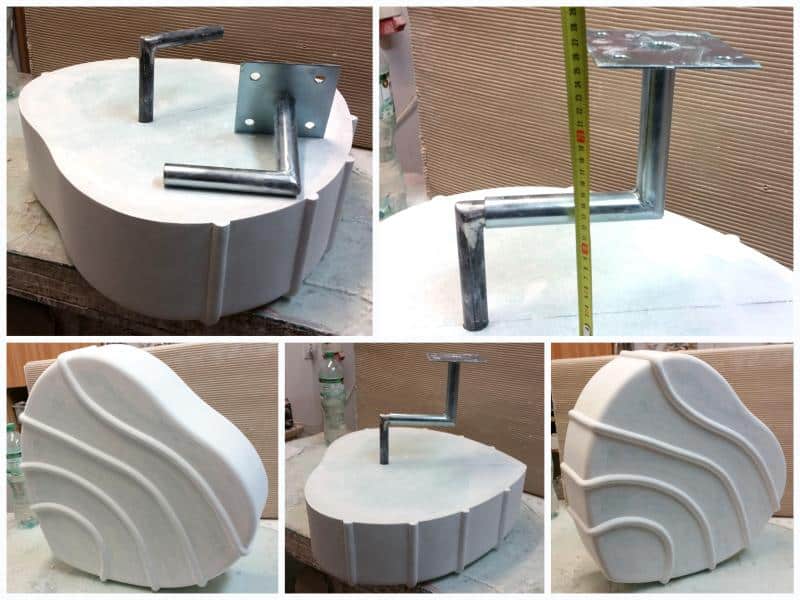 Pralinen 4 Forma do odlewania z metalu oraz różne ujęcia gotowego odlewu z białym wzorem.