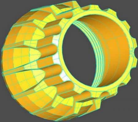 3D model żółtej opony terenowej z nacięciami i bieżnikiem.