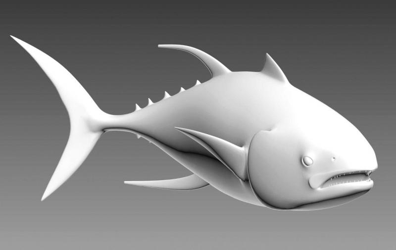 Model 3D ryby z wyraźnymi płetwami i otwartymi ustami na szarym tle.