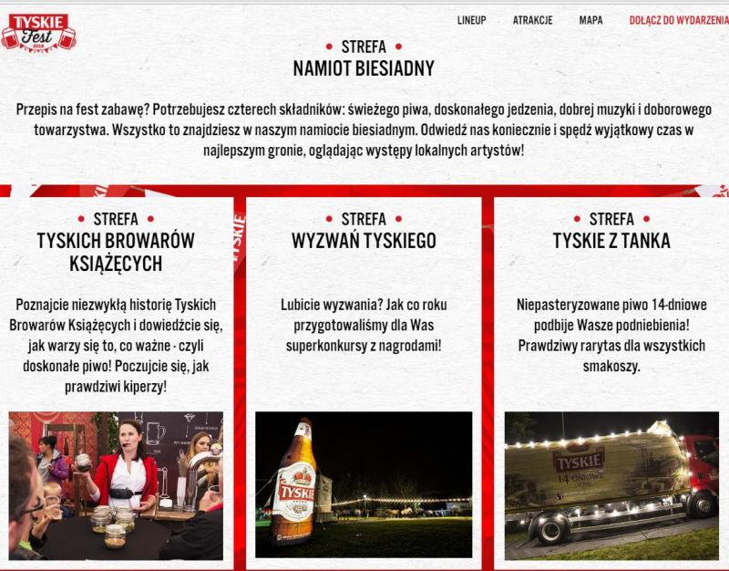 Mobile Werbung - TYSKIE mit TANKA 3 Plakat Tyskiego Festu z opisem czterech stref: Namiot Biesiadny, Tyskich Browarów Książęcych, Wyzwań Tyskiego i Tyskie z Tanka.