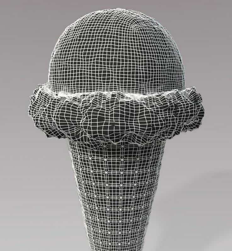 Model 3D rożka lodowego pokrytego siatką geometryczną.