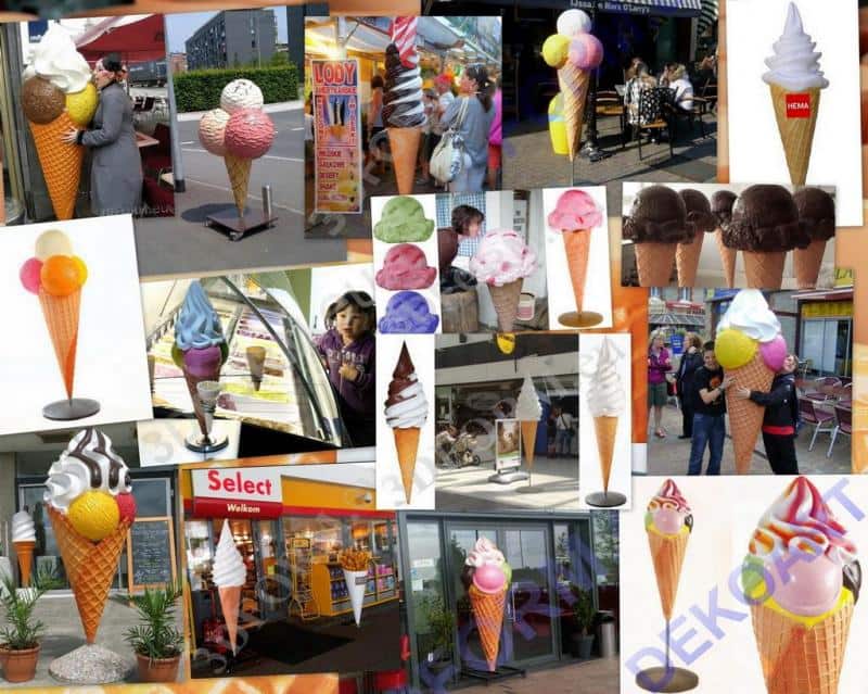 Kolaż zdjęć przedstawiających różne rodzaje stoisk z lodami i figur lodów w kształcie rożków.