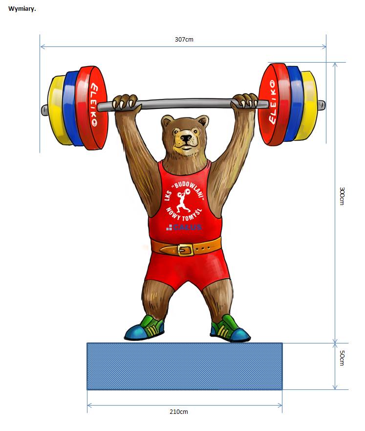 Großer Bär - Gewichtheben-Meisterschaften 5 Miś sztangista w czerwonym stroju podnoszący ciężar, wymiary: szerokość 307 cm, wysokość 300 cm, podstawa 210 cm x 50 cm.