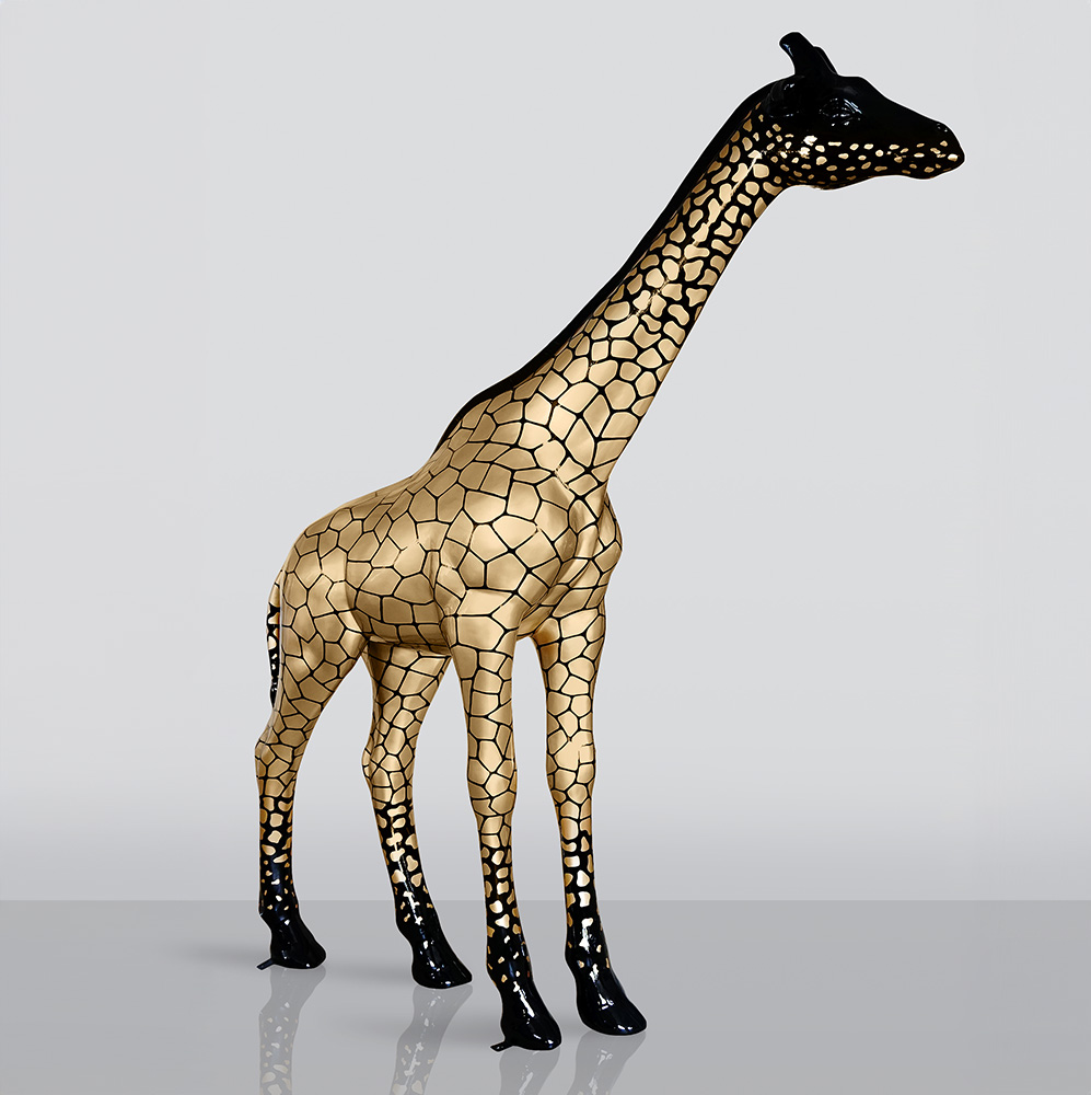 Große lebensgroße Giraffenfigur - Schwarz mit goldenen Flecken 1 Duża Figura Żyrafa Naturalnej Wielkości - Czarna w Złote Łaty