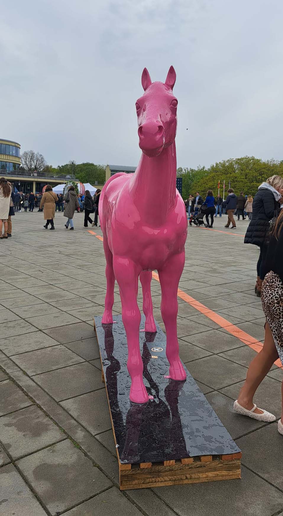 Bunte Pferdeskulpturen auf dem Parcours Partynice in Warschau 7 Różowa rzeźba konia na placu wśród ludzi.
